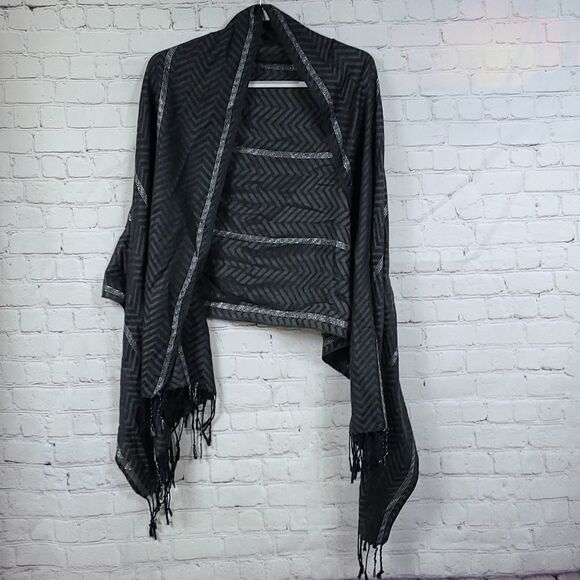 PASHMIRE Scarf Shawl 68" Long Black Chevron Silver Metallic Tassels lightweight - Picture 5 of 9